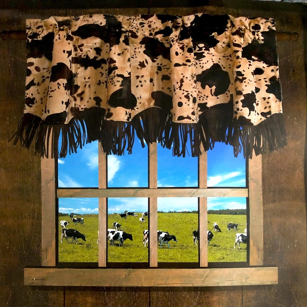 Rod’s scalloped faux cowhide fringed valance. Measures 52” x 18”. 3 total